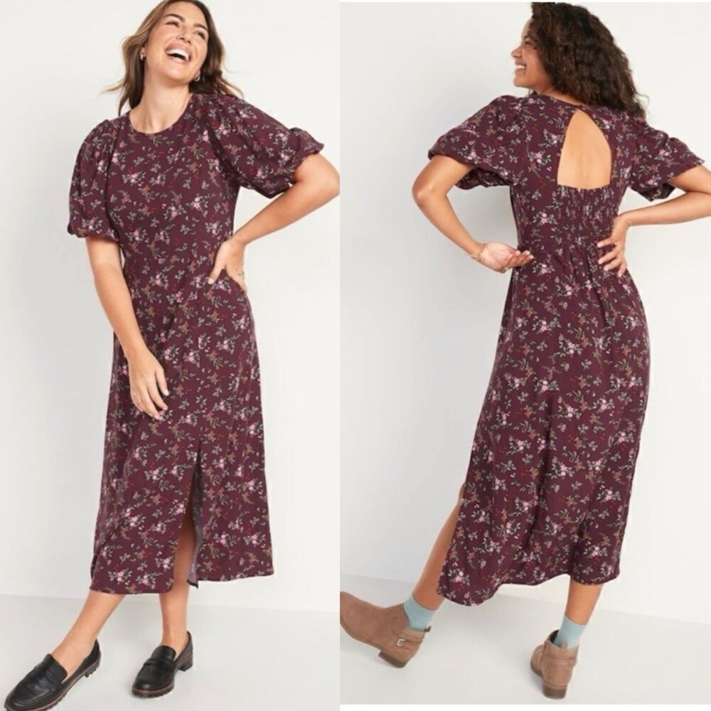 Old Navy Puff Sleeve Floral Midi Dress Women’s Sz L Purple Cottagecore Boho Slit